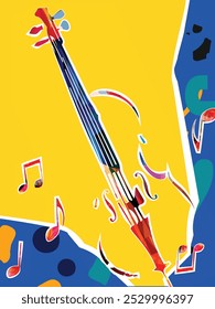 Colorful violoncello with music notes. Music background. Music instrument poster with music notes