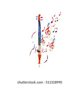 Colorful violoncello with music notes. Music background. Music instrument poster with music notes. Cello design with g-clef. Treble clef and music notes, musical symbols with violoncello.