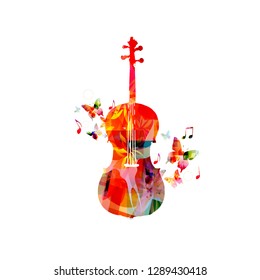 Colorful violoncello with music notes isolated vector illustration design. Music background. Music instrument poster with music notes, festival poster, live concert events, party flyer