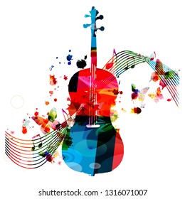 Colorful violoncello with music notes isolated vector illustration design. Music background. Music instrument poster with music notes, festival poster, live concert events, party flyer