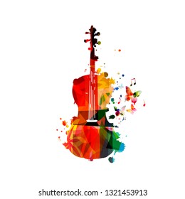 Violoncello colorido con notas musicales diseño aislado de ilustración vectorial. Antecedentes musicales. Afiche de instrumentos musicales con notas musicales, afiche del festival, conciertos en directo, flamante fiesta