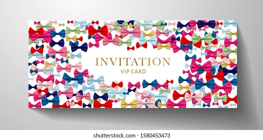 Colorful VIP Invitation template with colorful bows. Design for Gift certificate, Voucher or Gift card 