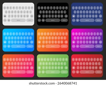 Colorful virtual keyboard UI layout set with round buttons and gradient background for app interface, touchscreen typing, smartphone keypad design, user interface element