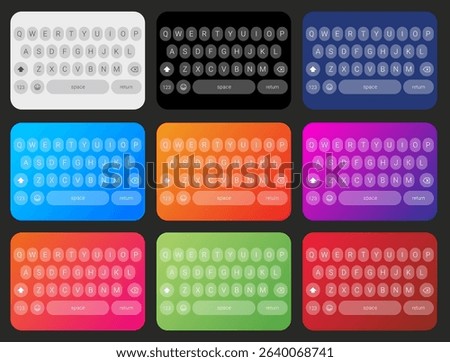 Colorful virtual keyboard UI layout set with round buttons and gradient background for app interface, touchscreen typing, smartphone keypad design, user interface element