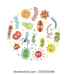 Caracteres de virus coloridos de forma redonda, ilustración de vectores de ciencia y medicina