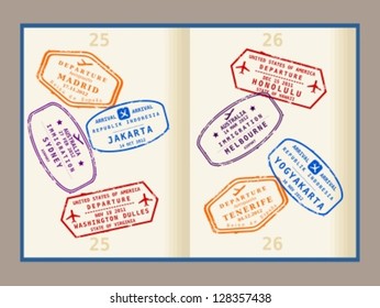 Colorful visa stamps (not real) on passport pages. International business travel concept. Frequent flyer visas.