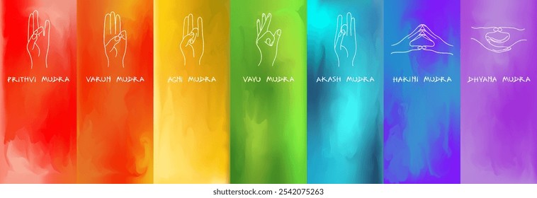 Colorful visual representation of the seven chakras depicted through hand gestures with corresponding names. Each mudra set against unique color, all coded into a vivid rainbow system. Made in vector.