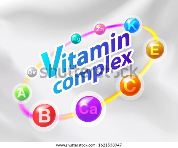 Colorful vitamin complex\
capsule with rainbow ring contains Vitamin C, Ca, B, A, E, Q10, Mg,\
Zn Medicines for health promotion, treatment and used as medical\
illustrations.