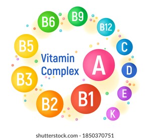 Colorful vitamin complex with glossy balls for infographics, science articles, medicine and health magazines. Colored vector illustration