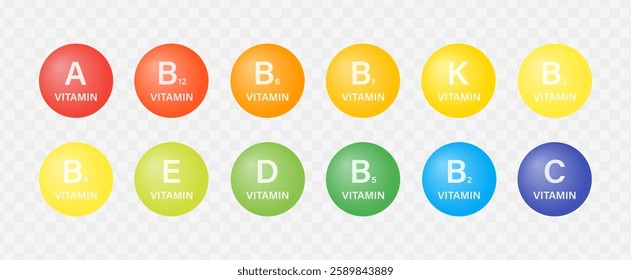 Colorful vitamin complex icons set isolated on transparent background. Vector flat illustration