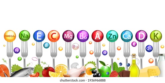 Colorful vitamin mineral balls and foods rich in vitamins, vector illustration. Realistic red salmon fish, fruits and vegetables, dairy products. Diet, healthy nutrition, natural food supplements.