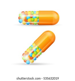 Colorful Vitamin Pills with Granules Prescription Drugs Capsule Concept of Health Care. Vector illustration