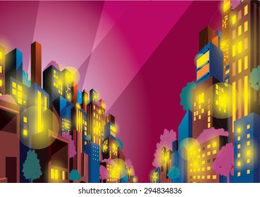 Colorful, Vivid City Buildings Street At Night With Depth Perspective View.