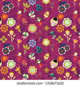 colorful vivid floral pattern over purple geometric texture of triangles for festive and cheerful surface design templates, wallpaper, backdrops, textile and fabric.