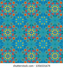 colorful vivid floral symmetrical pattern in oriental style for textile, fabric, wallpaper, backgrounds, backdrops and cheerful surface design templates, print &digital. pattern swatch at eps. file