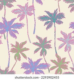 Colorful vivid palm tree silhouettes, outlines seamless pattern. Abstract palms background. Tropics paradise concept. Vector art illustration for summer design, print, exotic wallpaper, textile fabric