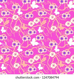 colorful vivid pink and blue floral pattern tile with whimsical flowers, branches, butterfly silhouette and leaves for surface designs, textiles, fabric, backgrounds, wallpapers and backdrops. 