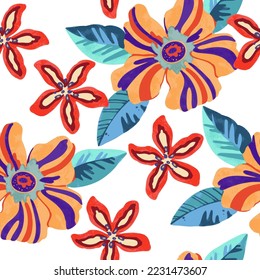 Colorful vivid psychedelic pattern with abstract tropical flowers for fabric, wrapping paper. Vector illustration