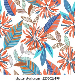 Colorful vivid psychedelic pattern with abstract tropical flowers for fabric, wrapping paper. Vector illustration