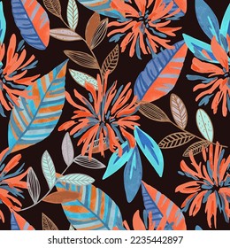 Colorful vivid psychedelic pattern with abstract tropical flowers for fabric, wrapping paper. Vector illustration