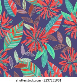 Colorful vivid psychedelic pattern with abstract tropical flowers for fabric, wrapping paper. Vector illustration