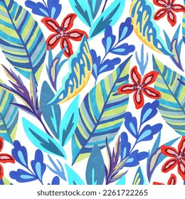 Colorful vivid psychedelic pattern with abstract tropical flowers for fabric, wrapping paper. Vector illustration