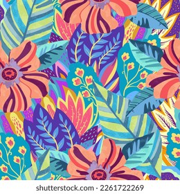 Colorful vivid psychedelic pattern with abstract tropical flowers for fabric, wrapping paper. Vector illustration