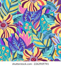 Colorful vivid psychedelic pattern with abstract tropical flowers for fabric, wrapping paper. Vector illustration