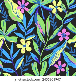 Colorful vivid psychedelic tropical seamless pattern. Vector hand drawn illustration for design