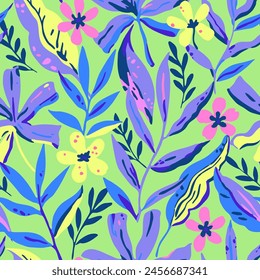 Colorful vivid psychedelic tropical seamless pattern. Vector hand drawn illustration for design