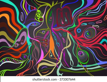 Colorful vivid vector of a young woman face in abstract style, psychedelic surreal poster.