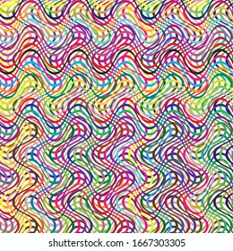 Colorful, vivid, vibrant grid of waving, wavy, curvy (zig-zag, criss-cross) lines. Irregular stripe with winding, squiggle, wiggle distortion effect.  Sinuous, billowy lines background, texture