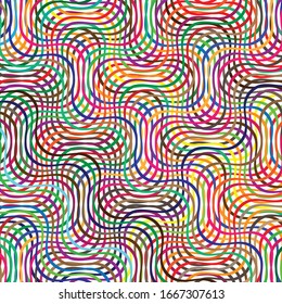 Colorful, vivid, vibrant grid of waving, wavy, curvy (zig-zag, criss-cross) lines. Irregular stripe with winding, squiggle, wiggle distortion effect.  Sinuous, billowy lines background, texture