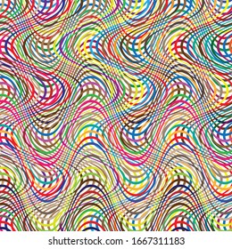 Colorful, vivid, vibrant grid of waving, wavy, curvy (zig-zag, criss-cross) lines. Irregular stripe with winding, squiggle, wiggle distortion effect.  Sinuous, billowy lines background, texture