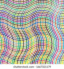 Colorful, vivid, vibrant grid of waving, wavy, curvy (zig-zag, criss-cross) lines. Irregular stripe with winding, squiggle, wiggle distortion effect.  Sinuous, billowy lines background, texture