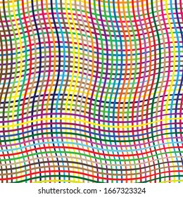 Colorful, vivid, vibrant grid of waving, wavy, curvy (zig-zag, criss-cross) lines. Irregular stripe with winding, squiggle, wiggle distortion effect.  Sinuous, billowy lines background, texture