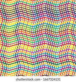 Colorful, vivid, vibrant grid of waving, wavy, curvy (zig-zag, criss-cross) lines. Irregular stripe with winding, squiggle, wiggle distortion effect.  Sinuous, billowy lines background, texture