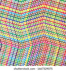 Colorful, vivid, vibrant grid of waving, wavy, curvy (zig-zag, criss-cross) lines. Irregular stripe with winding, squiggle, wiggle distortion effect.  Sinuous, billowy lines background, texture