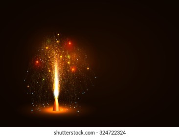 Colorful Volcano Fountain Emitting Sparks  - Little Firework at Night with Dark Background. New Years Eve Celebration. Particle Effect, Glowing, Blazing, Twinkling, Glistening. Flyer Template.