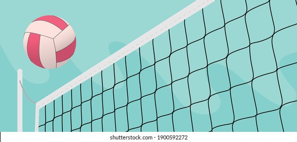 colorful volleyball ball crossing the net in the open field