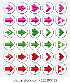 Colorful volumetric vector arrows (collection). Different styles. Colorful arrow signs icon set.