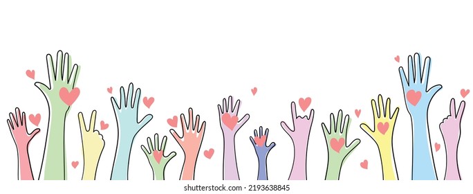 Colorful volunteering raise hands teamwork, heart of volunteer diverse people collaboration, voting, concert. Racial and gender equality. Panoramic vector illustration.