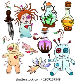 Colorful voodoo dolls, magic attributes vector illustration. The isolated image on a white background. Suitable for tattoo, design, brand logo, badge,shirts, printed cups, postcards.
