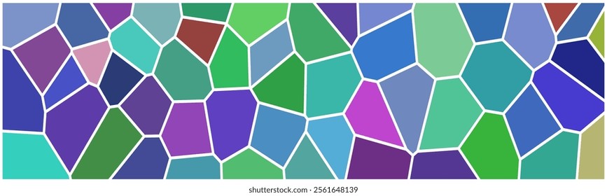 a colorful voronoi diagram with polygons in shades of green, blue, purple, and pink. The irregular polygons are bordered by white lines, creating a stained-glass-like effect.