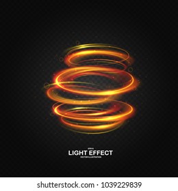 Colorful vortex with luminous swirling spirals. Glowing orange - red abstraction with particles on dark transparent backdrop. Sparkling waves and swirl, neon light effect, shiny magic effects