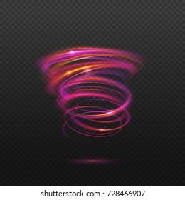 Colorful vortex with luminous swirling spirals. Glowing orange - pink abstraction with particles on dark transparent backdrop. Sparkling waves and swirl, neon light effect, shiny magic effects