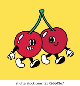 Colorful walking cherries cartoon character vector illustration, Cherries cartoon character, Fruit character illustration vector, Retro cherries cartoon character illustration element