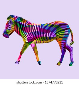 colorful walking zebra on geometric abstract pop art