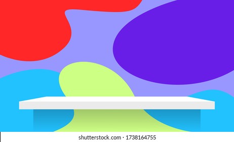 colorful wall blob shape color with plank shelf white for product display, wall blob shape pattern and table shelves shelf for cosmetics ad pastel soft, table plank on colorful blob shape and chic