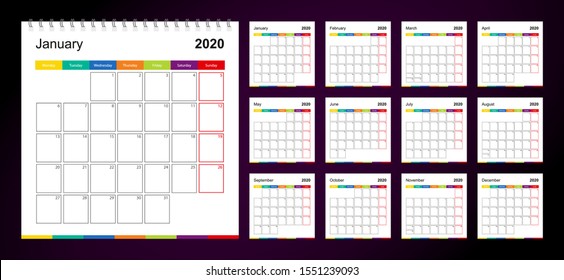 Colorful wall calendar for 2020 on dark background, week starts on Monday. 2020 Calendar template size 12x12 inches. svg